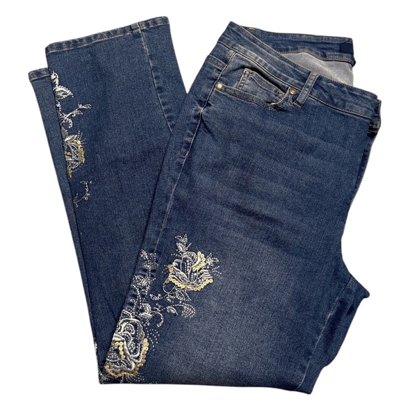 Denim 24/7 Denim - Denim 24/7 Embroidered Jeans Size 14W Boho Y2K Cottagecore Dark Wash Chic